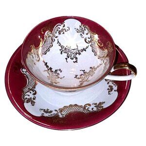 Vintage Tea Cup & Saucer Bareuther Bavaria Porcelain Red & Gold